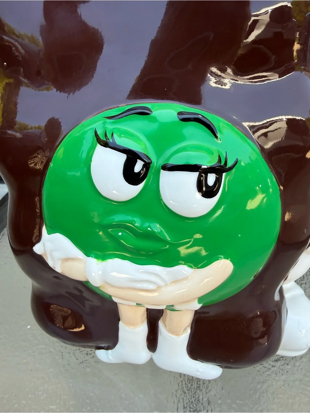 M&M'S Ceramic Cookie Jar with Red and Yellow Characters and Multicolor Candy Top